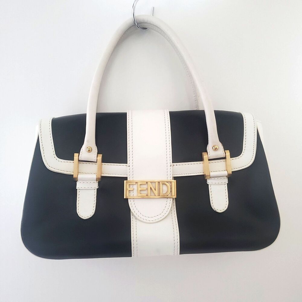 VTG Fendi Leather Bag Black White Gold Logo Shadow Flap Classic Vintage 2000s